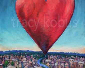 Red Heart Over Small City Canvas Giclee // Limited Edition Print