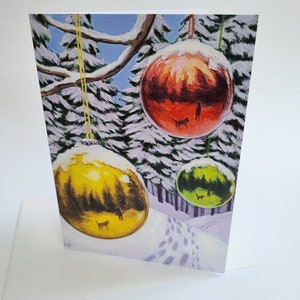 Cartes artistiques Boules de Noël dans une scène enneigée // Cartes de voeux vierges // 2 cartes ou plus // Vous choisissez // Cartes de vœux