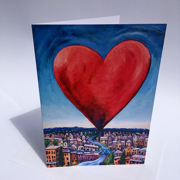 Red Heart Over Small City Art Card // Blank Greeting Card // Valentines Card