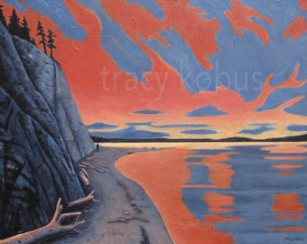 Orange Sunrise on Beach Giclee on Paper // High Quality Paper Print
