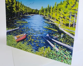 Blue Pond Art Card // Orange Canoe Card // Blank Greeting Card