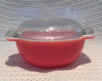 Pyrex JAJ Weardale Deep Coral Red Easy Grip 8oz Round Casserole Dish circa 1960