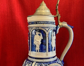 Antique German Westerwald Stoneware Pitcher: Cobalt Blue Pewter Lid