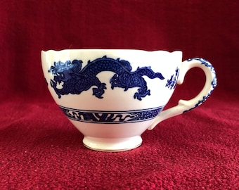 Royal Cauldon Blue Dragon Ceramic China Tea Cup Wavy Edge Made in England Blue and White with Gold Rim. Circa 1930's