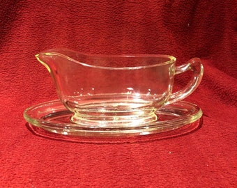 Pyrex Jobling Purser Clear Glass Gravy Boat and Saucer circa 1930