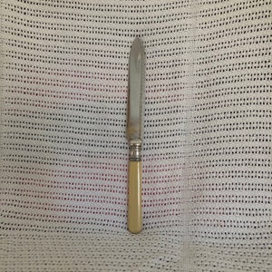 Puede incluir: Un cuchillo de mantequilla de plata con mango de hueso. El cuchillo está sobre una superficie de crochet blanco.