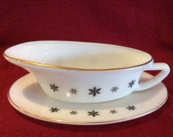 Pyrex JAJ Gaiety Black Snowflake With Gold Rim Gravy Boat and Saucer