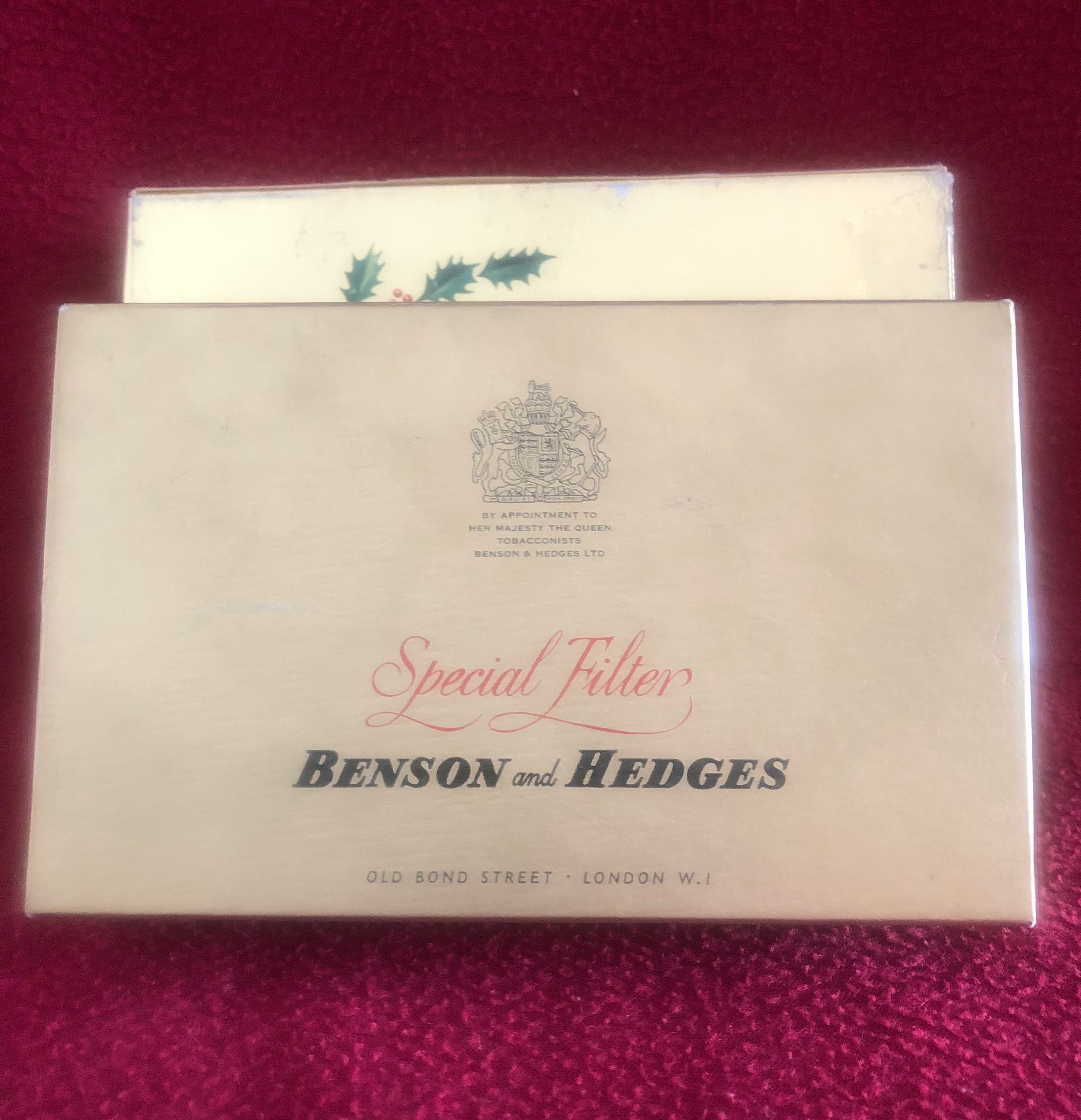 Benson and Hedges Special Filter King Size 50 Cigarette Christmas Gift Box.  London Old Bond Street. 1970's