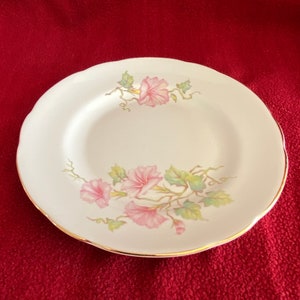 Royal Stuart fine bone china tea plate. Pink morning glory flowers with gold rim. 1980&#39;s