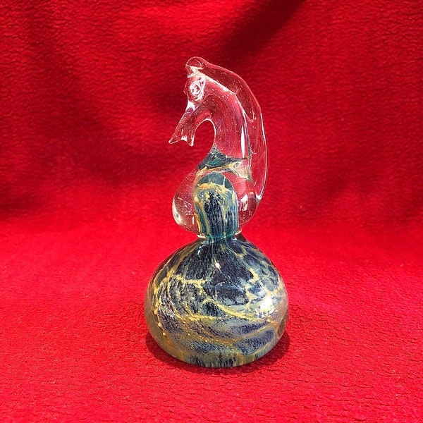 Mdina Glass Signed Seahorse Paperweight. Made in Malta. Art Glass. Engraved on base. Sea and Sand Range. 1970's