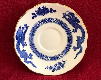 Royal Cauldon Blue Dragon Ceramic China Tea Cup Saucer Wavy Edge Made in England Blue and White with Gold Rim. Circa 1930's