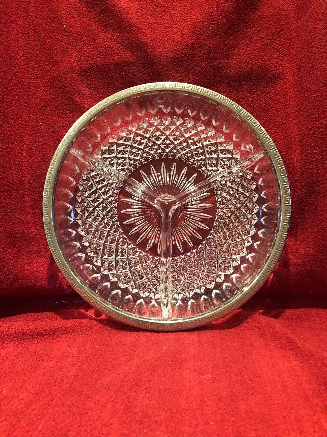 Pressed Glassware 3 Sectional Divided Serving Dish With Silver Coloured