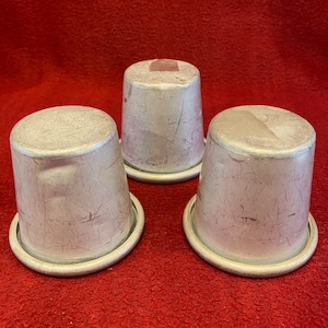 Dariole Timbale pudding moulds. Set of 3. Metal, 6cm tall 6.5cm dia at rim. 1960,s