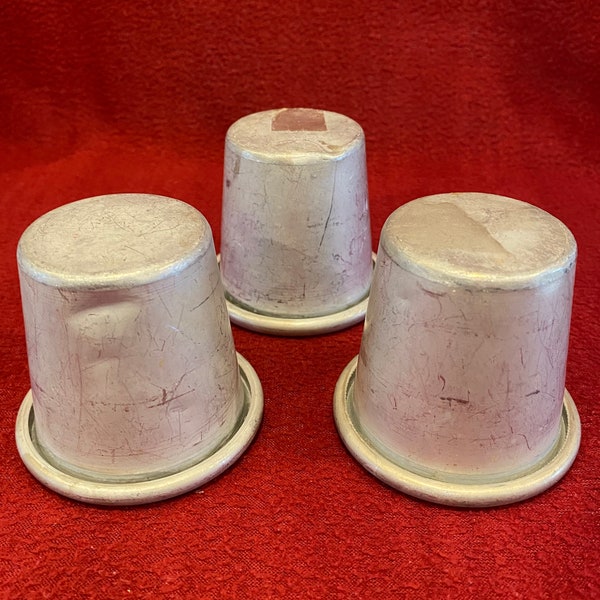 Dariole Timbale pudding moulds. Set of 3. Metal, 6cm tall 6.5cm dia at rim. 1960,s