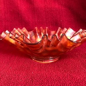Fenton Marigold Carnival Glass Coin Dot Pattern with Three in One Edge. 9&quot; diameter 3&quot; deep. 1940&#39;s