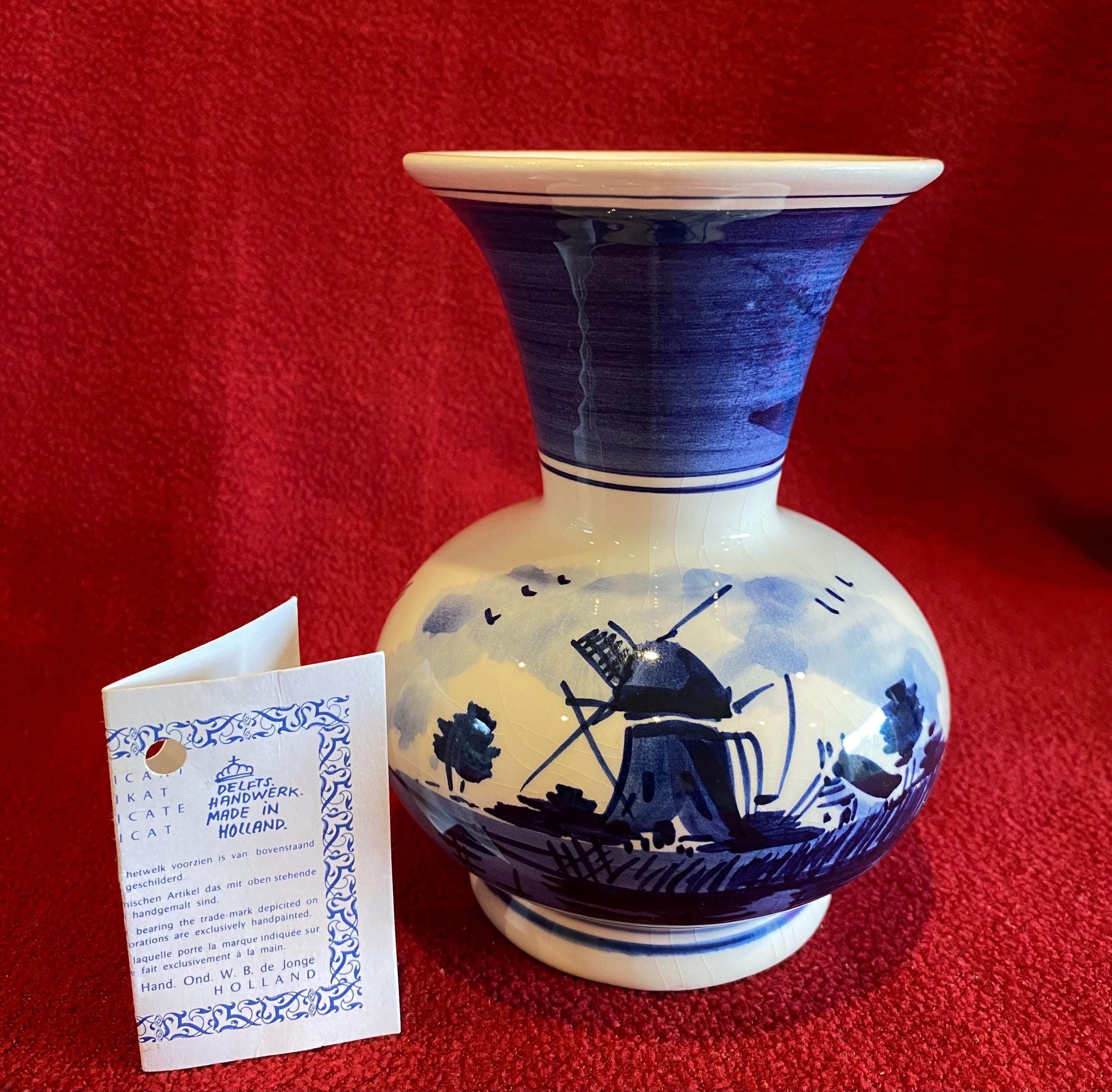 Ancien Vase Molen Blanc Décor Bleu Moulin à Vent Paysage Fleurs - Occasion