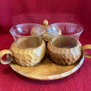 Schott Mainz Jena Glas three piece hot chocolate, coffee, tea cups and sugar bowl and tray. Glass and teak wood. 1960&#39;s