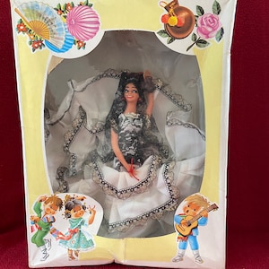 Munecas Sanchis Boxed Female Flamenco Dancer playing castanets. White Dress 1970&#39;s