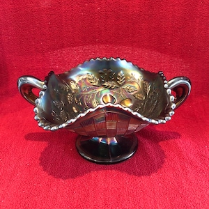 Vintage Northwood Amethyst Carnival Glass Bowl: Iridescent Basket Weave, Pear & Cherries, 1920s