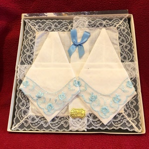 Vintage Irish Cotton Handkerchiefs with Blue Trim - Set of Three