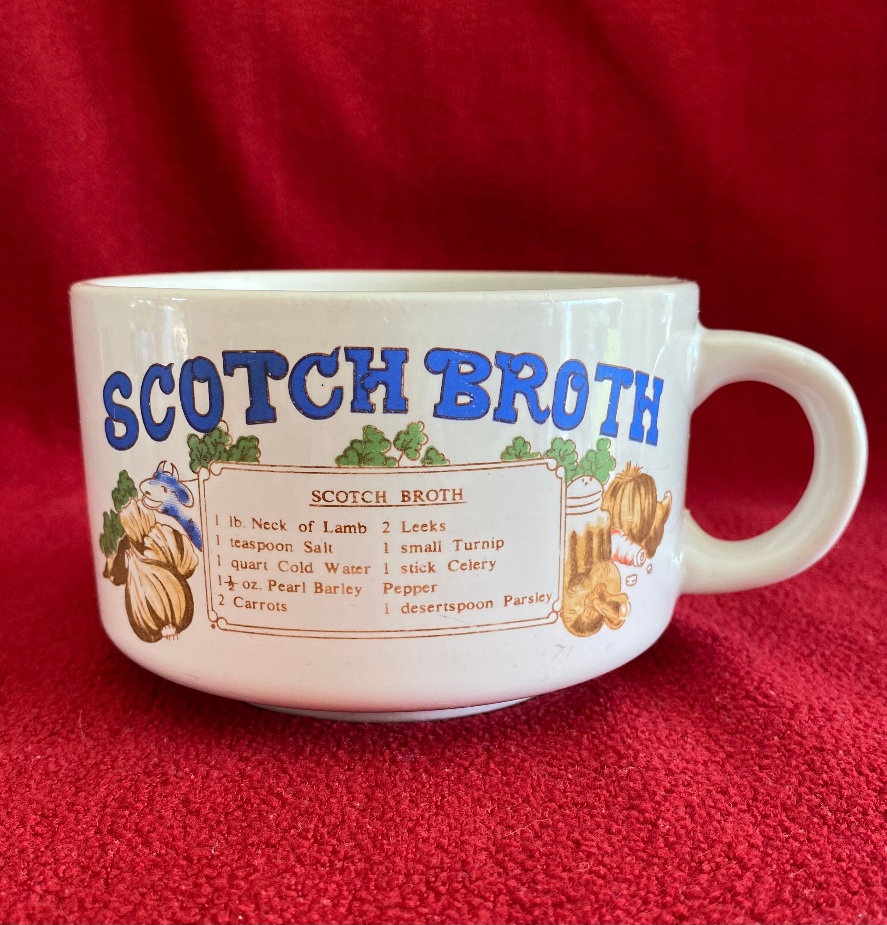 Mid century ceramic scotch broth soup recipe soup mug. Handled 