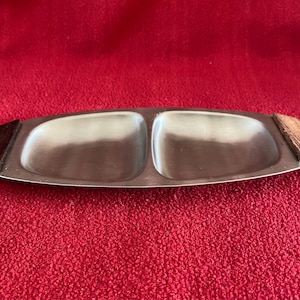 Stainless Steel pickle tray. 18-8. Scandi Style. Wooden handles. Foreign. 1970&#39;s