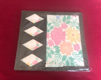 Damask Style Hand Painted Floral Pattern Tablecloth and Napkins Unopened in Original Box.