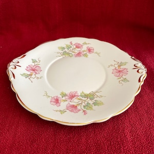 Royal Stuart fine bone china cake or sandwich plate. Pink morning glory flowers with gold rim. 1980&#39;s
