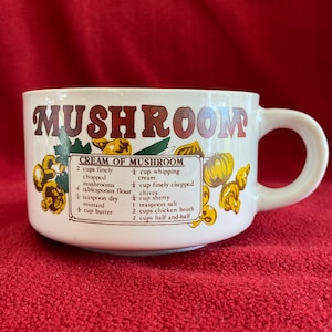 Mid century ceramic mushroom soup recipe soup mug. Handled soup bowl. Soup cup. 1970&#39;s