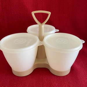 Tupperware Condiment Hostess Caddy Trio. #757. White and brown. Circa 1970&#39;s