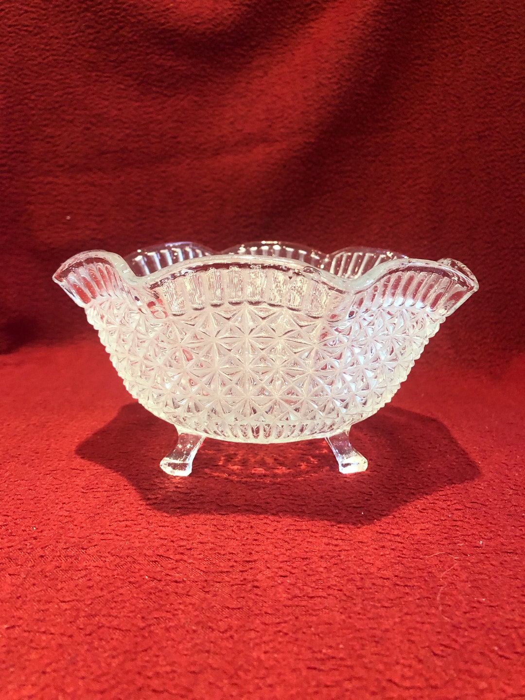 Clear Glass Three Footed Bowl. Fluted Rim Criss Cross Pattern Etsy