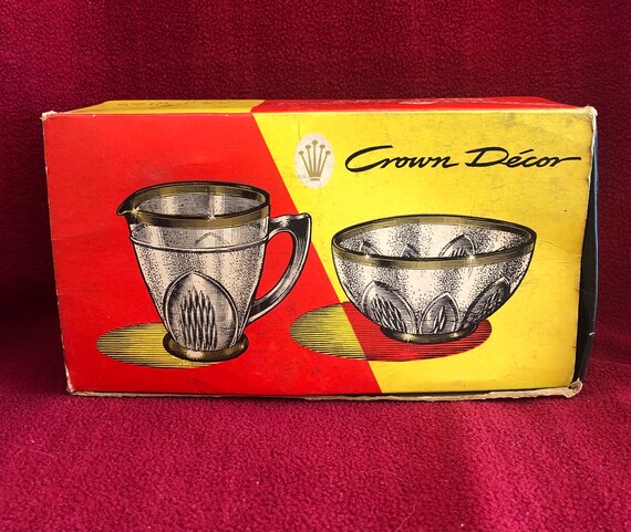 ヴィンテージ クラウンデコ ガラス シュガーボウル＆クリーマーセット