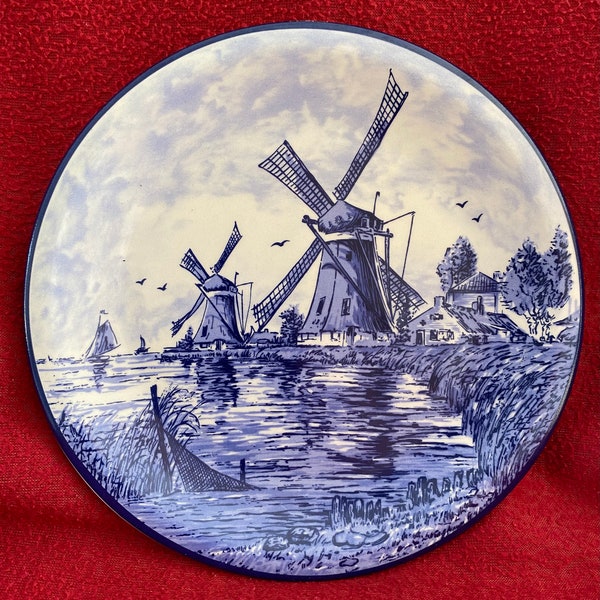 Delft Delfts Holland Blue and White Hand painted Windmill and River Scene collectors plate. 1980's