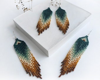 Gradient Green & Brown Long Beaded Fringe Earrings – Handmade Boho Tassel Earrings