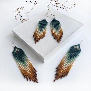Gradient Green & Brown Long Beaded Fringe Earrings – Handmade Boho Tassel Earrings