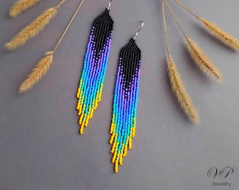 Black Purple Beaded Earrings, Long Chandelier Boho Earrings, Statement Fringe Jewelry