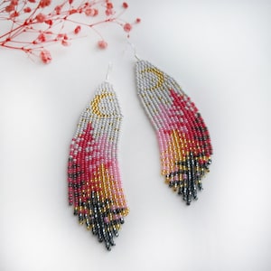 Landscape Beaded Earrings Shoulder duster earrings Grey pink forest & moon fringe earrings