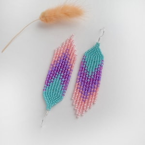 Turquoise, lilac and pink beaded earrings Seed bead earrings Gradient fringe earrings Ombre long earrings Dangle beadwork earrings