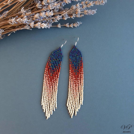 Blue beige seed bead earrings Chandelier earrings Gradient fringe earrings Ombre earrings Dangle beadwork earrings