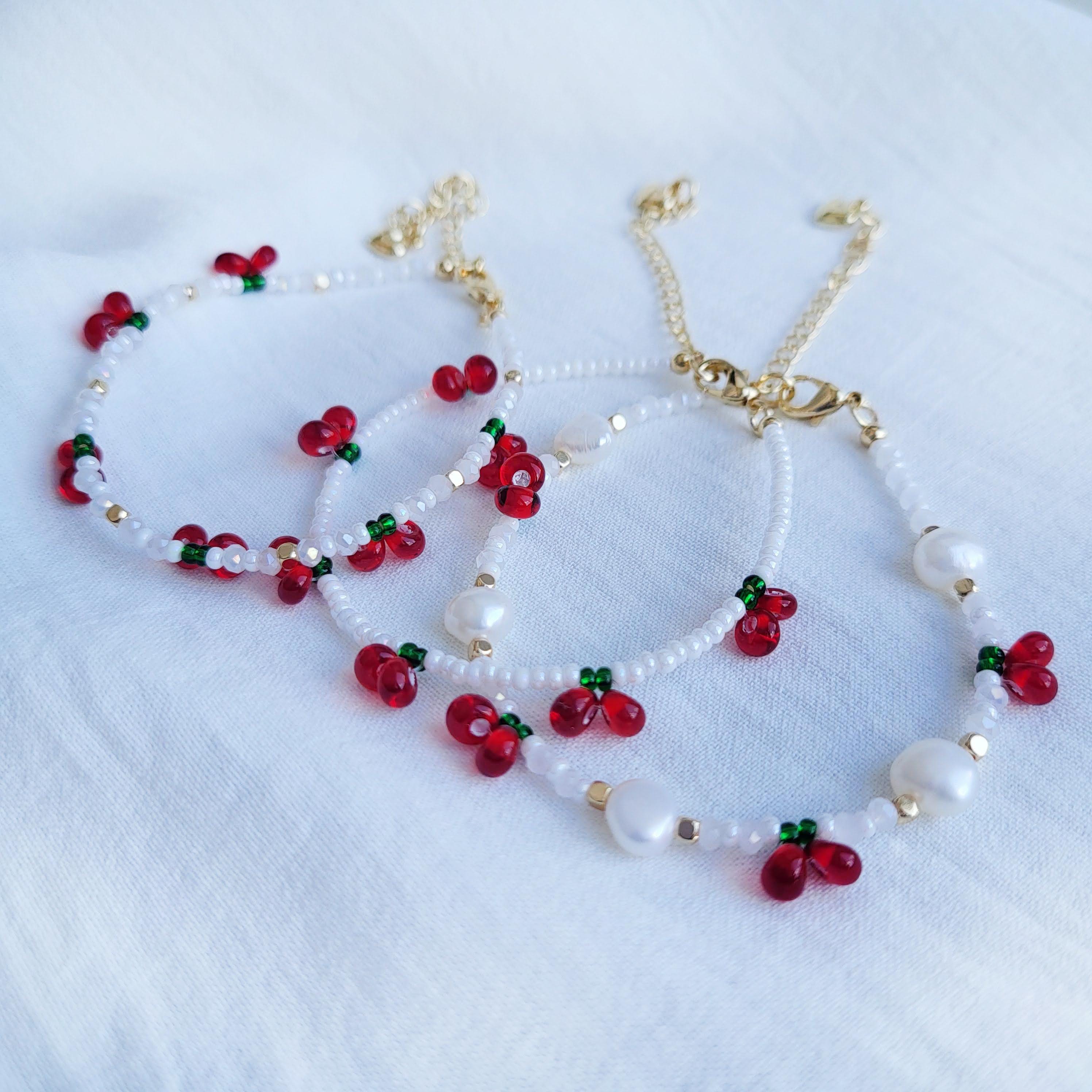 Beaded Cherry & Pearl Bracelet: Handmade Fruit Jewelry - Etsy
