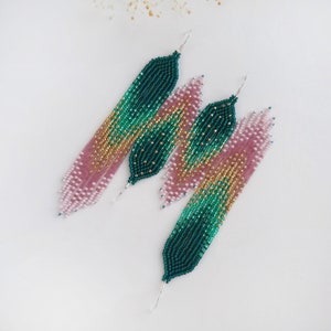 Turquoise Pink & Gold beaded earrings seed bead earrings Chandelier earrings Gradient fringe earrings Ombre long earrings Dangle earrings
