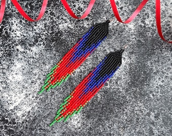 Blue red green seed bead earrings Chandelier earrings Gradient fringe earrings Ombre long earrings Dangle beadwork earrings