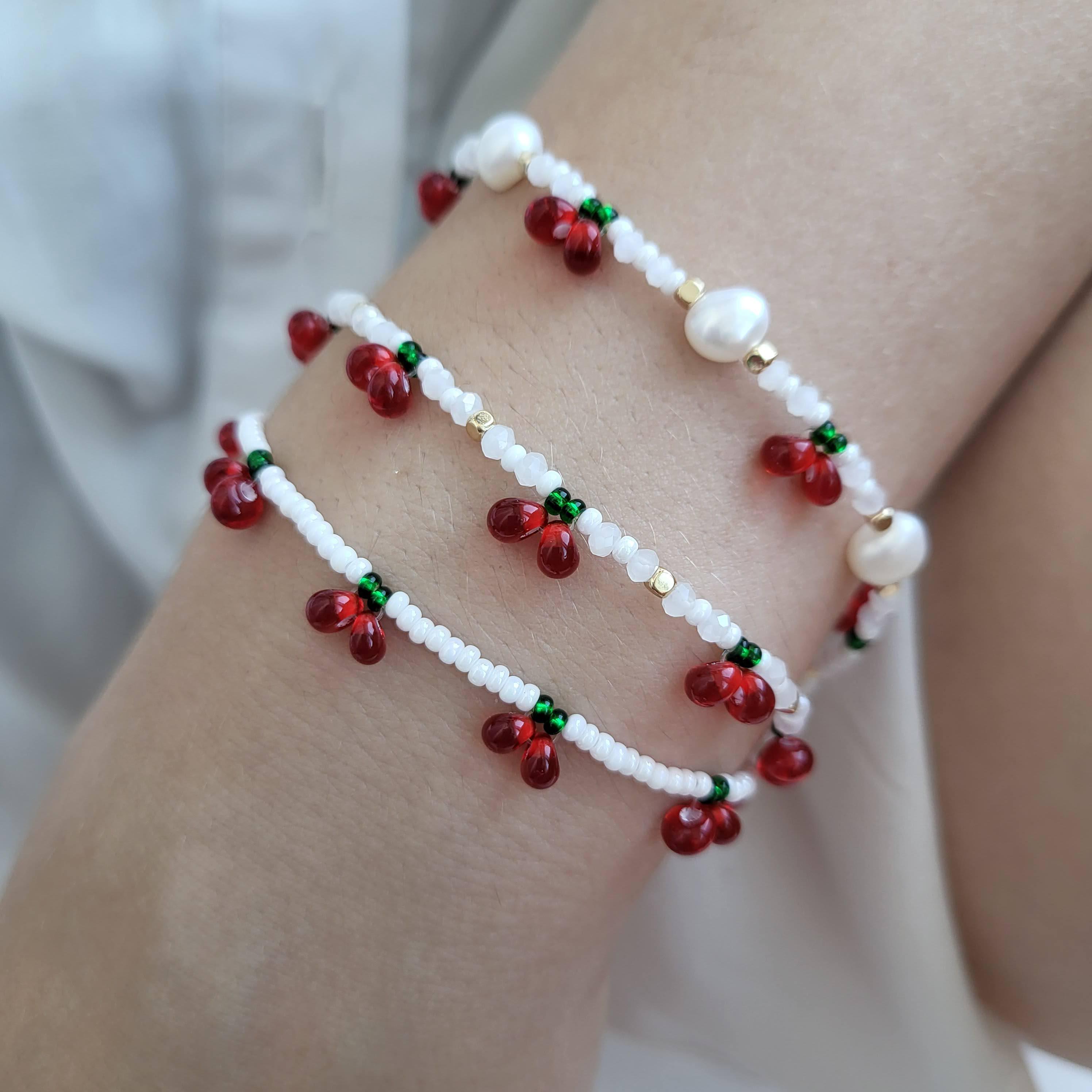 Beaded Cherry & Pearl Bracelet: Handmade Fruit Jewelry - Etsy