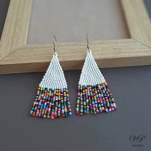 Colorful and white beaded earrings Seed bead earrings Chandelier earrings Multicolor earrings Dangle beadwork earrings
