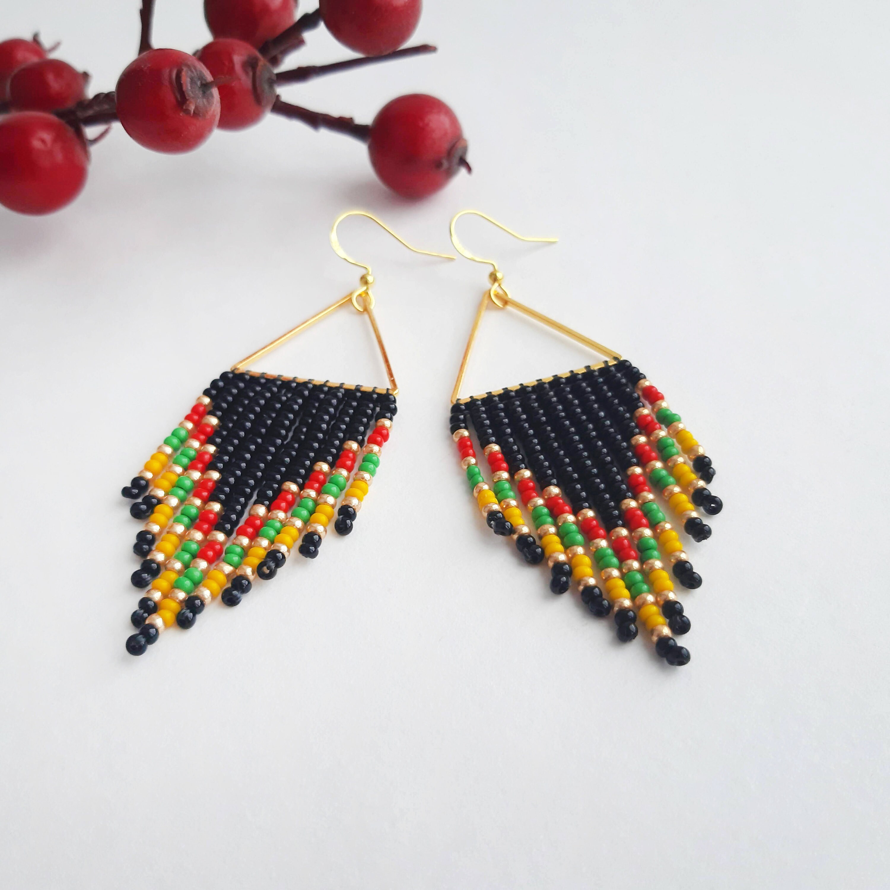 Triangle Red Green Yellow Beaded Earrings Chandelier Earrings - Etsy