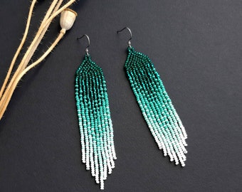 Emerald turquoise beaded earrings Chandelier earrings Gradient fringe earrings Ombre earrings Dangle beadwork earrings