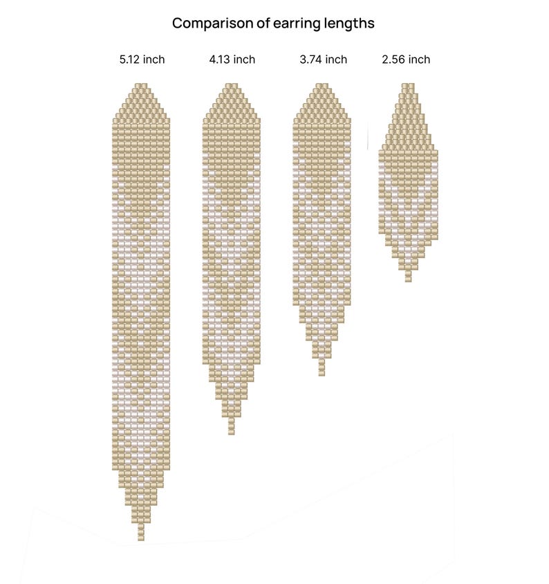 以下が含まれることがあります： Comparison of earring lengthsとラベルされた、長さ別に並べられた4つのビーズイヤリング。長さは13cm、10.5cm、9.5cm、6.5cmです。各イヤリングは、ベージュと白のビーズを交互に配置した幾何学的な模様で、先端が尖った形状をしています。