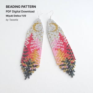 May include: A pair of long, tapered beaded earrings featuring a crescent moon design at the top. The pattern transitions from white to pink, orange, and dark gray beads. Text reads: BEADING PATTERN, PDF Digital Download, Miyuki Delica 11/0, by Tasselia.