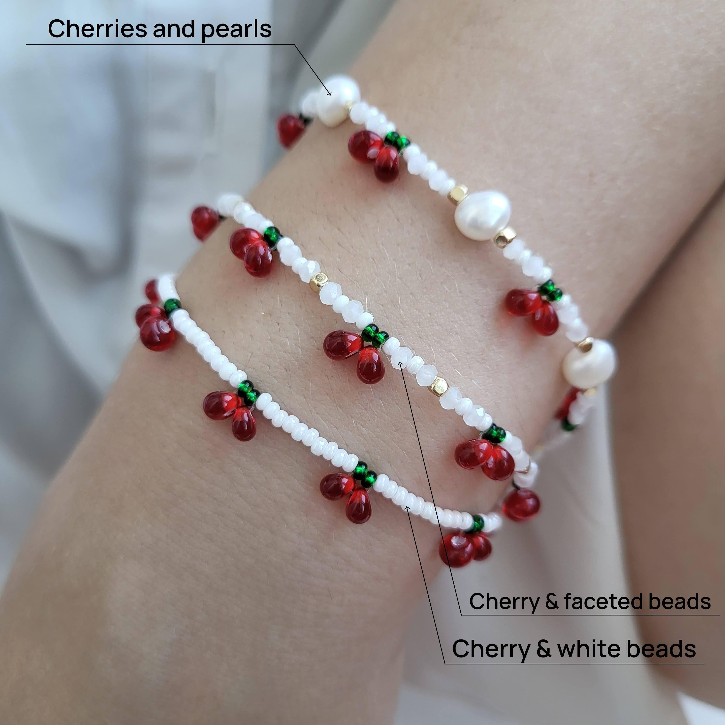 Beaded Cherry & Pearl Bracelet: Handmade Fruit Jewelry - Etsy