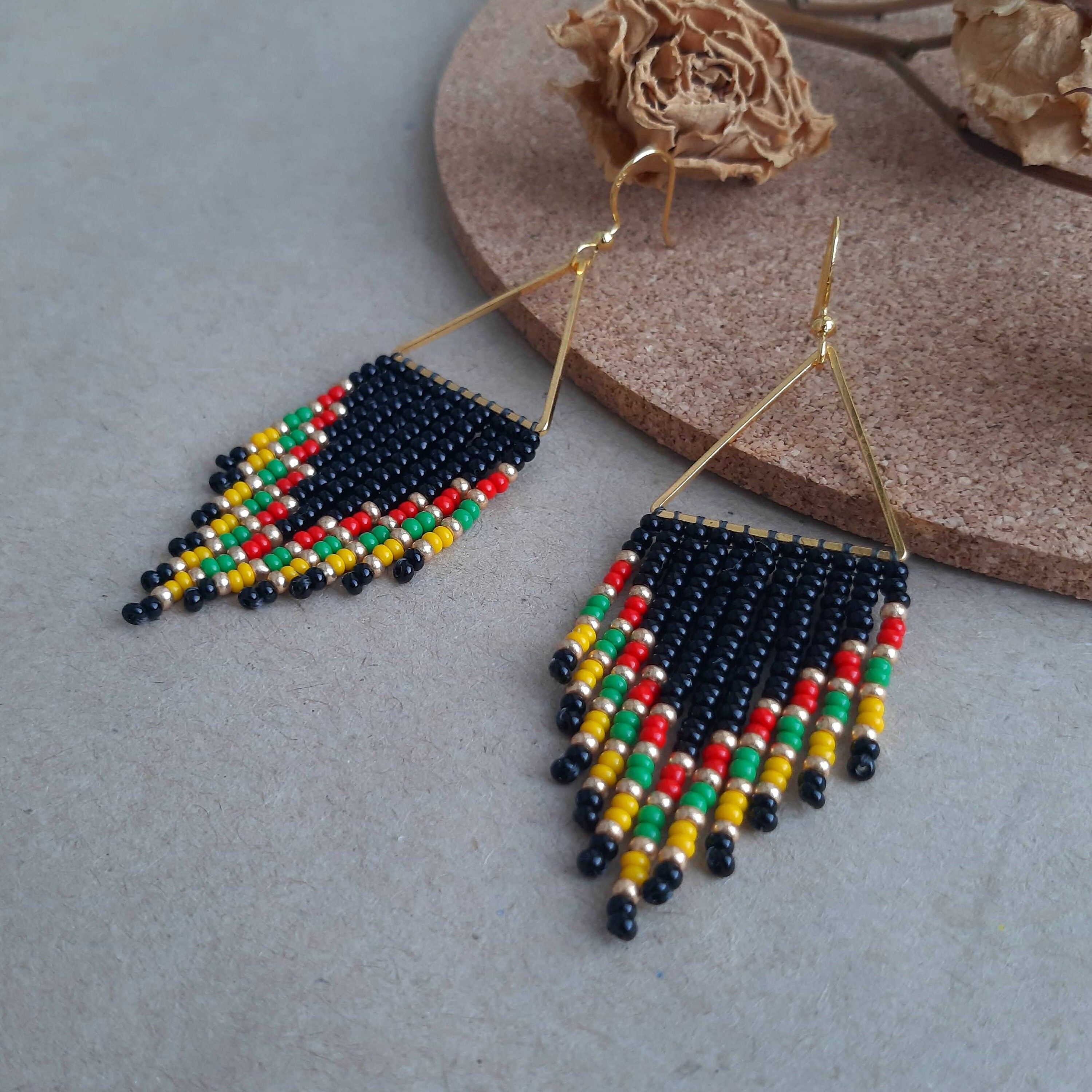 Triangle Red Green Yellow Beaded Earrings Chandelier Earrings - Etsy